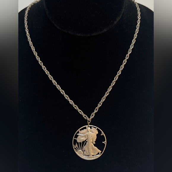 US Silver Coin Pendant Charm Walking Liberty, Half Dollar & Chain - Picture 1 of 4